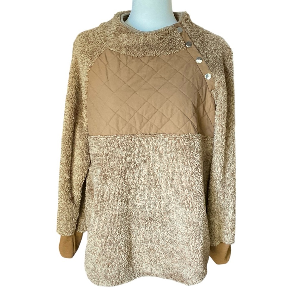Women's Brown Mock Neck Fleece Teddy Bear Pullover Button Design L​